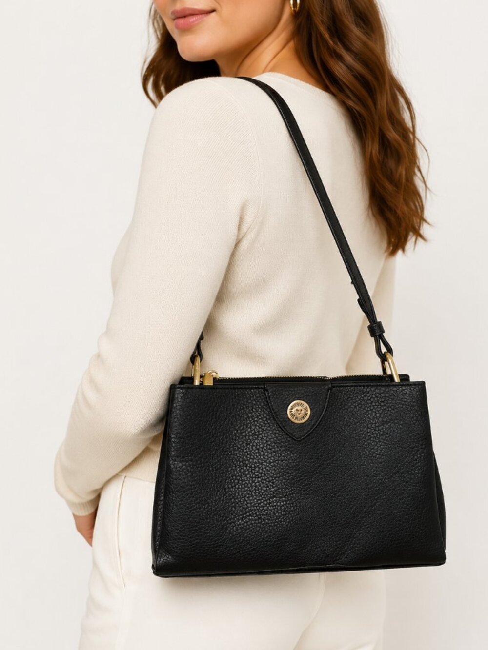 Anne Klein Triple Compartment Crossbody Black Faux Leather  Quiet Luxury Bag